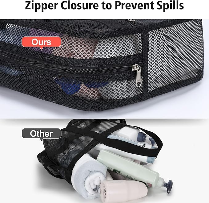 F-color Mesh Shower Caddy Portable with Zipper - Dorm Room Essentials for Guys and Girls with S Hook, Shower Bag Basket Tote for College, Camping, Toiletry, Bathroom, Black