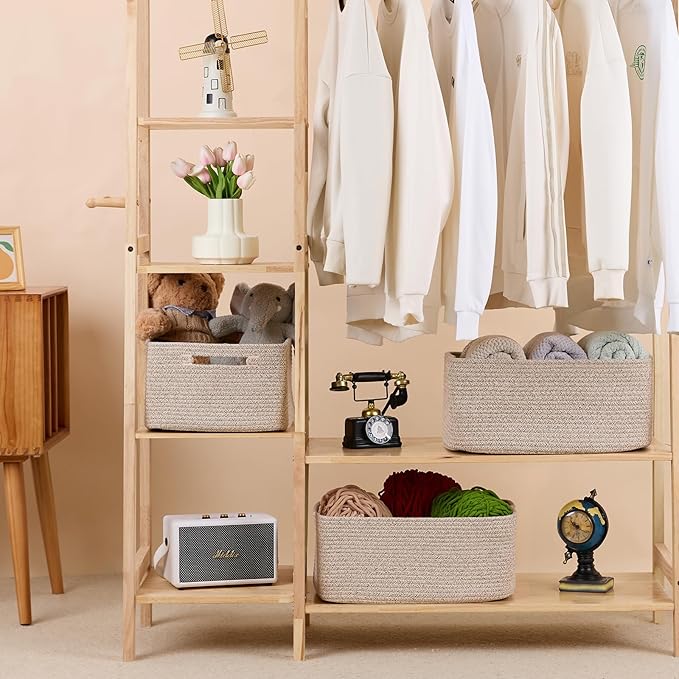 MiniArk Large Storage Baskets for Shelves, Closet Organizer Bins for Clothes, Blankets, Towels, Baby Nursery, Toy Baskets, Woven Rope Baskets, 17 x 13 x 7.5”, 2 Packs Mixed Brown