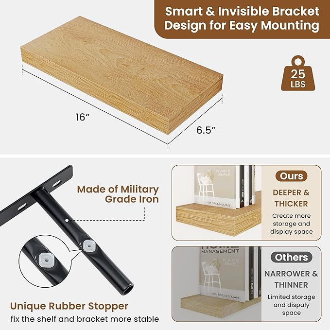 fuqing Floating Shelves for Wall, Wall Mounted Wood Floating Shelf with Invisible Brackets for Living Room, Bathroom, Bedroom, Kitchen Storage and Decor, 16 Inch Set of 2, Oak