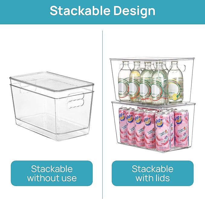 Vtopmart 6 Pack Clear Stackable Storage Bins with Lids,XLarge Plastic Containers with Handle for Pantry Organizer and Storage,Perfect for Kitchen,Fridge,Cabinet, Closet,Bathroom Organization