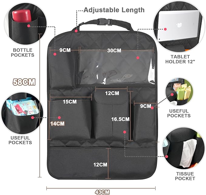 Car Seat Organizers, Multi-functional Back Seat Protectors, Storage Pouches, Child Kicking Prevention and Tray Holders Kick Mats Back (for Cars, Kids, and Rear Seats) (Black, 2 Pack)