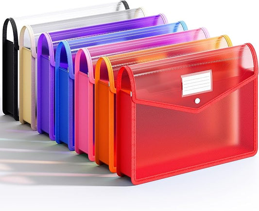 7 Pack Plastic Expanding File Folder, Transparent Envelopes with Snap Closure, Fit Legal/B4 Size for School/Office/Home/Hospital, No Dividers, Large Capacity - 7 Colors