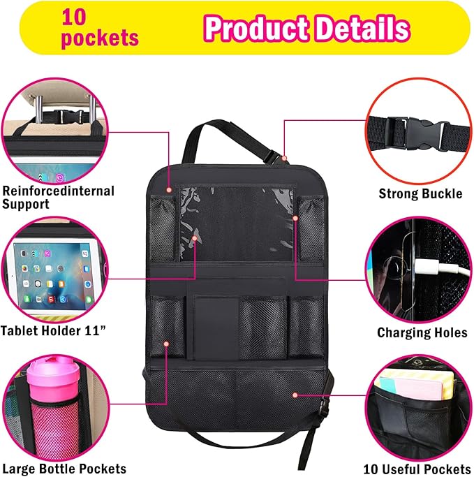 2 Pack Car Backseat Organizer, Car Seat Organizer Kick Mats Back Seat Protector with 11" Tablet Holder, Car Storage Organizer for Kids,10 Storage Pockets Travel Accessories