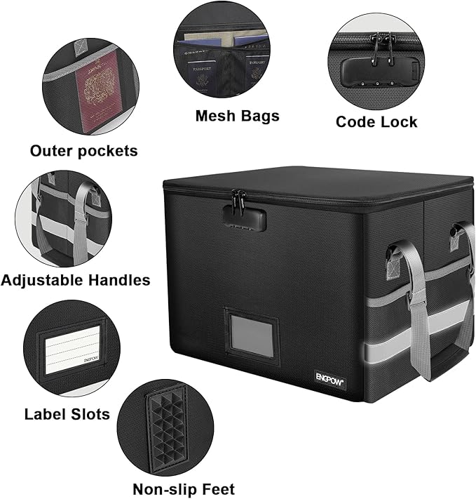 ENGPOW File Box with Lock, Fireproof Document Box with Pockets, Collapsible File Organizer Filing Storage Cabinet with Handle, Portable Home Office Safe for Hanging Letter/Legal Folders, Black, 2 Pack