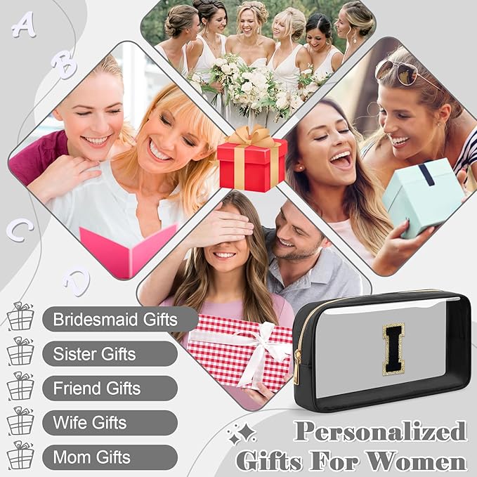 Personalized Initial Letter Clear Makeup Bag, Preppy Small Nylon&PVC Cosmetic Zipper Bag with Chenille Letter, Travel Skincare Toiletry Bag, Monogram Christmas Gift for Teen Girls Women