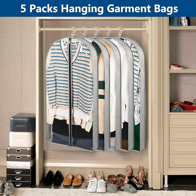 5 Pack 40" Garment Bags for Hanging Clothes Storage, Clear Suit Garment Bags with 4" Gussets for Closet Storage Travel, Plastic Protector for Coat, Jacket, Sweater, Shirts