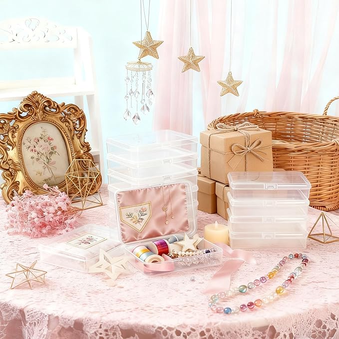 LJY 12 Pieces Rectangular Empty Mini Clear Plastic Organizer Storage Box Containers with Hinged Lids (4.5 x 3.3 x 1.1 inch, Transparent)