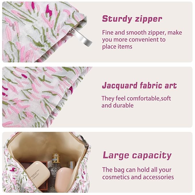 ZLFSRQ Flower Makeup Bag Travel Cute Floral Cosmetic Bags for Women Large Toiletry Pouch Zipper Cosmetic Pouch for Purse Aesthetic Embroidery Makeup Organizer Bag Portable Toiletry Bags(Green &Pink)