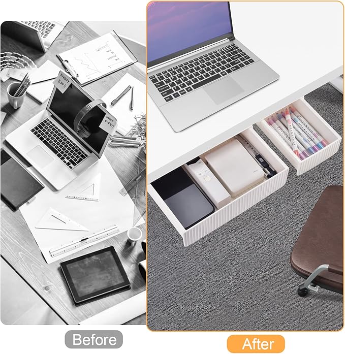 YOOUSOO 2 Pack Under Desk Drawer Storage, Under Desk Organizer, Hidden Self-Adhesive Desks Drawers Slide-out, Stick on Desks Drawer White, Under Mount Drawers for Office/Classroom/Home