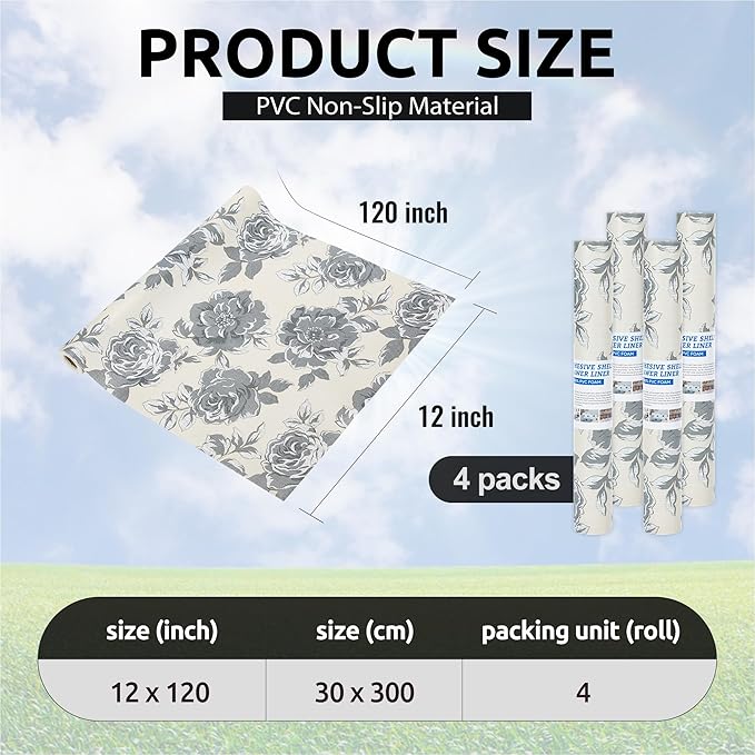 12X120 Inch Shelf Liner for Kitchen Cabinets, PVC Drawer Liner for Dresser Non-Slip Bathroom, Non-Adhesive Cabinet Liner Washable (Black Flower)(4 Roll)