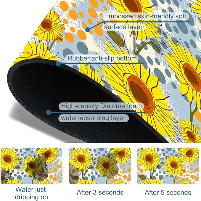 Watercolor Sunflowers Sink Splash Guard Faucet Mat Sunflowers Polka Dots Super Absorbent Fast Drying Mat Sink Gadgets-Splash Guard Behind Faucet Drip Catcher for Kitchen Bathroom, 23.5"x5.5"