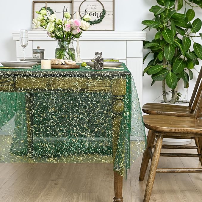 Horaldaily Green Gold Gauze Tablecloth 52x70 Inch Rectangular, Green Sequin Glitter Metallic Foil, Sheer Tulle Cheesecloth for Wedding Baby Shower Ceremony Birthday