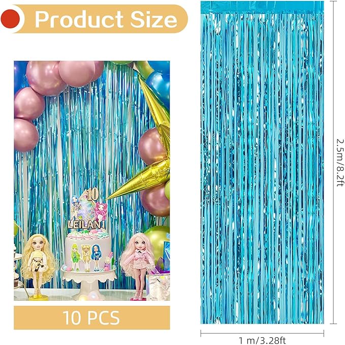 10 Pack Teal Blue Backdrop Curtain 3.2ft x 8.2ft Metallic Tinsel Foil Fringe Curtains Photo Booth Background for Birthday Party Decoration Baby Shower Engagement Wedding Christmas Decoration