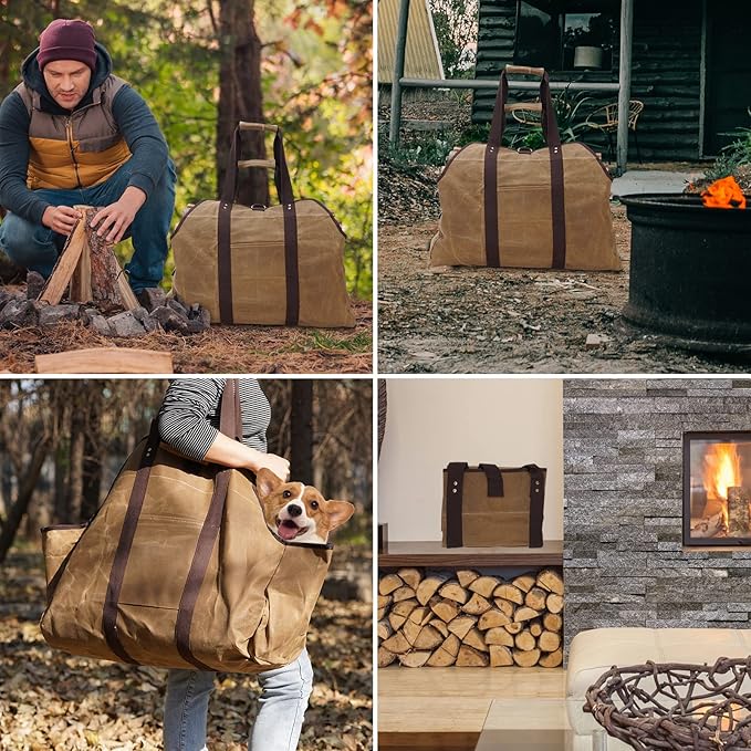Waxed Canvas Log Carrier Tote Bag, Extra Large Durable Firewood Holder with Handles and Shoulder Strap, Heavy Duty Wood Carrying Bag for Fireplaces & Wood Stoves Khaki