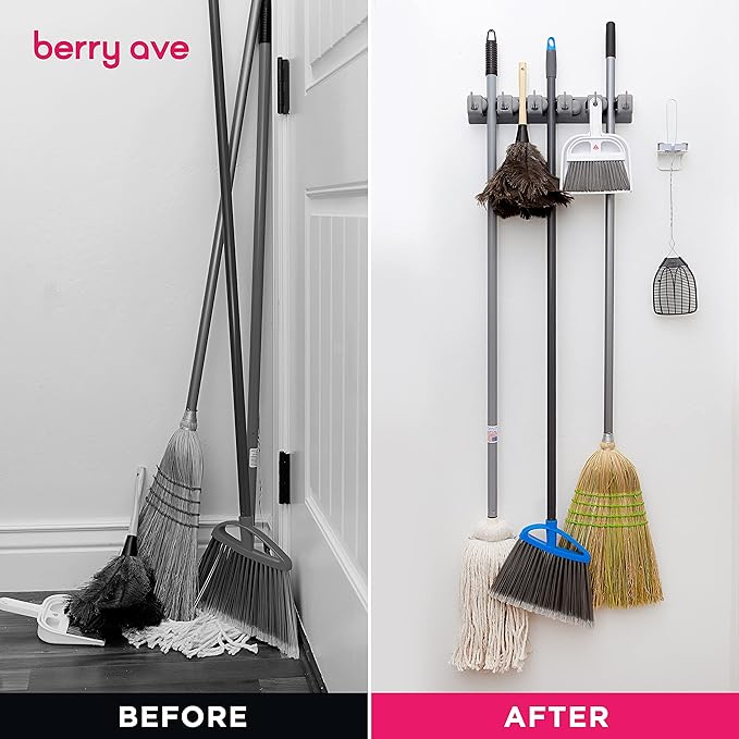 Combo 5 Slot Broom Holder w/ 1 Self Adhesive Mop Gripper No-Drilling, Wall Mount Tool Organizers For Kitchen, Garage, Laundry Room- Anti-Slip Hanger For Brooms, Mops, Rakes, Dustpans (Grey / White)
