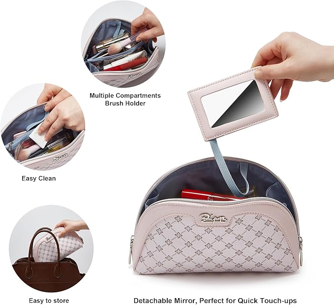 BOYATU Small Travel Makeup Bag for Women: Elegant Vegan Leather Cosmetic Pouch for Purse - Waterproof Toiletry Bag with Mirror(012-Pink)