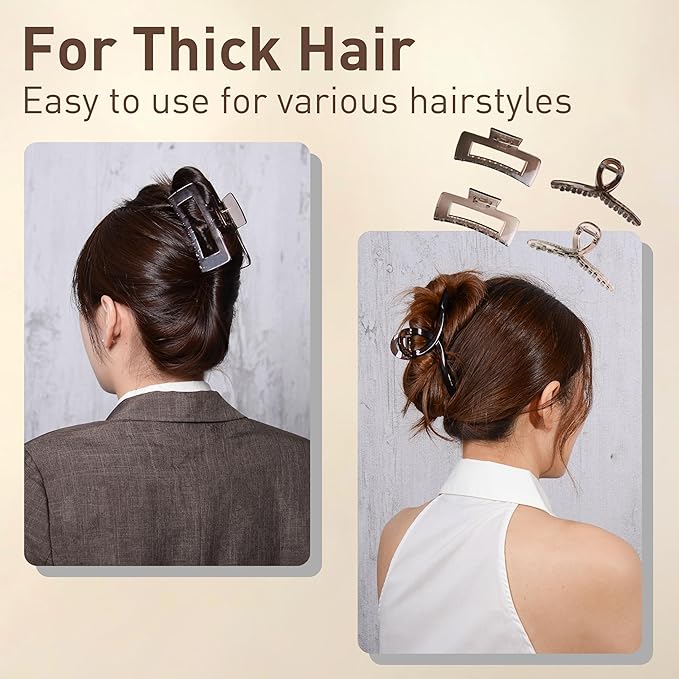 Emma Lily 4pcs Large Hair Claw Clips for Women – Dark & Light Grayish Brown, Strong Hold for Thick & Medium Hair, 2 Designs for Casual Daily Use