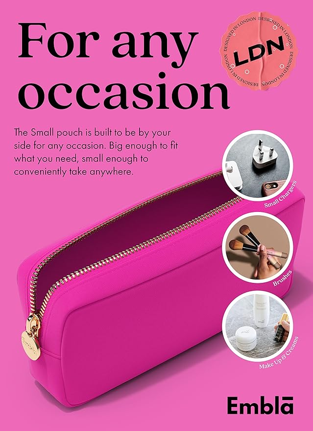 Embla Makeup Bag Travel Cosmetics Pouch and Toiletry Bag, Nylon Zipper Pouch Purse, Cute Make Up Organizer Storage Tote for Women Girls, Waterproof Travel Skincare Case, Small Makeup Bags, Fuchsia
