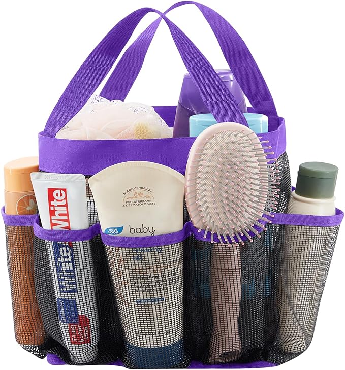 Lifewit Mesh Shower Caddy Portable for College Dorm Room Essentials with 7 Pockets, Freestanding Hanging Organizer Basket, Quick Dry Tote Bag for Camping, Bathroom, Beach, Travel, 1 Pack, Purple