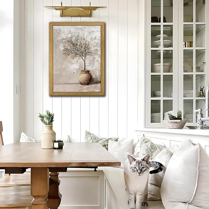 Wood Framed Olive Tree Canvas Wall Art, Room Aesthetic Oil Painting, Rustic Vintage Potted Plant Wall Decor, Neutral Botanical Artwork for Living Room Kitchen Dining Room Farmhouse Home Decor 12x16 in