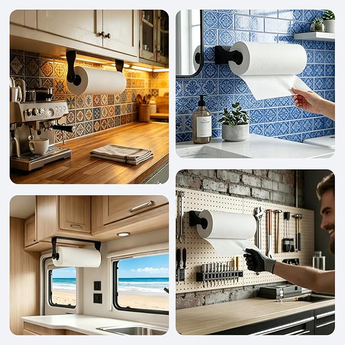 Wooden Under Cabinet Paper Towel Holder,Stainless Steel Under Counter Paper Towel Holder Wall Mount,Self Adhesive Kitchen Roll Rack for Kitchen Bathroom Garage RVs(Black)