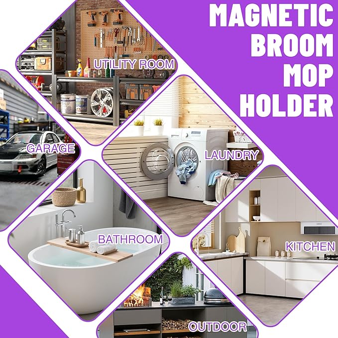 Magnetic Broom Holder Wall Mount - Heavy Duty Non-Slip Mop Hanger with 4 Hooks And 3 Rack, No Drill Tool Organizer for Refrigerator,Garage,Laundry Room (Black, 3Racks 4Hooks)