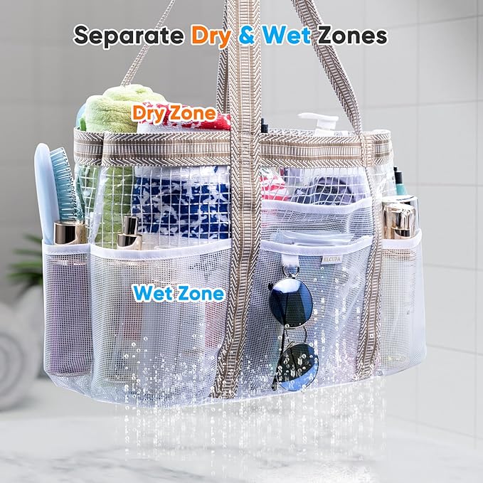 Large Mesh Shower Caddy – Portable Shower Tote with Waterproof Phone Pouch – Quick Dry Shower Bag with Separate Dry & Wet Zones for College Dorm, Gym, Beach Tote, Camping, Travel Essentials