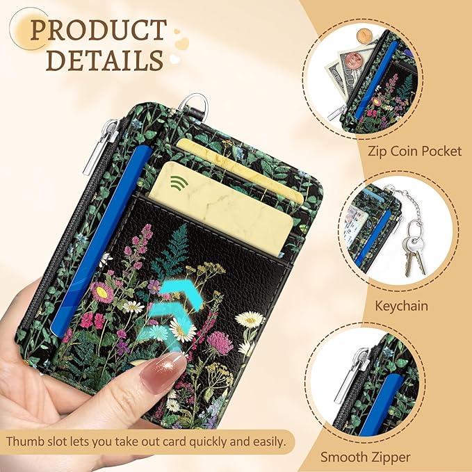 Wildflower Credit Card Holder Small Wallet Women, Flowers Slim RFID Blocking Wallet Woman Keychain with Zipper Coin Pocket, Front Pocket Thin Travel Card Case with ID Window for Ladies Gifts