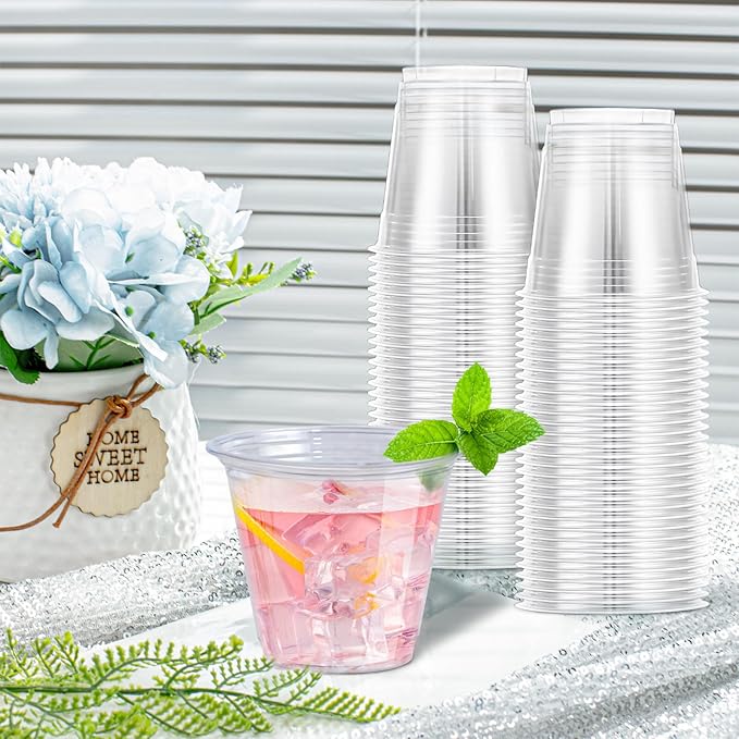 Lamosi 300 Pack 9 oz Clear Plastic Cups, Disposable Cups Wine Cocktail Punch, Sturdy & Food Safe Plastic Cup for Party & Wedding