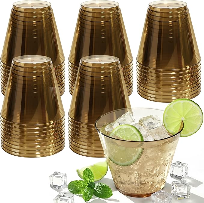 9 oz Clear Plastic Cups Brown Plastic Disposable Cups for Cocktail 150 Pack Fancy Cocktail Cup for Party Stemless Wine Glasses for Party Wedding Graduation Birthday