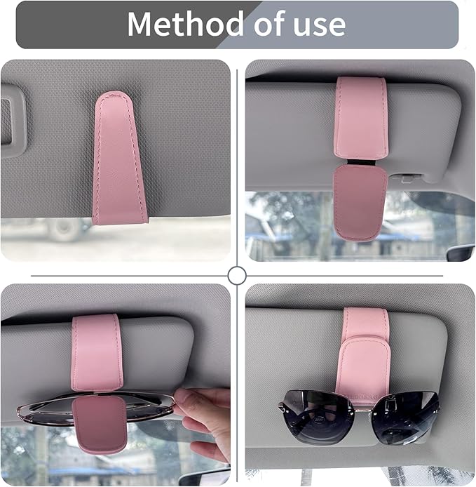 Sunglasses Holder for Car Visor, Leather Magnetic Glass Holder for Car, Sunglass Clip for Car Visor, Pink