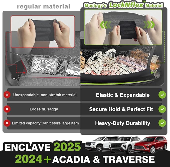 Muslogy Envelope Style Trunk Cargo Net Compatible with 2024 2025 GMC Acadia & Chevy Traverse & 2025 Buick Enclave Accessories Upgraded Mesh Storage Luggage Net with Metal Hooks