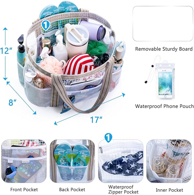 Large Mesh Shower Caddy – Portable Shower Tote with Waterproof Phone Pouch – Quick Dry Shower Bag with Separate Dry & Wet Zones for College Dorm, Gym, Beach Tote, Camping, Travel Essentials