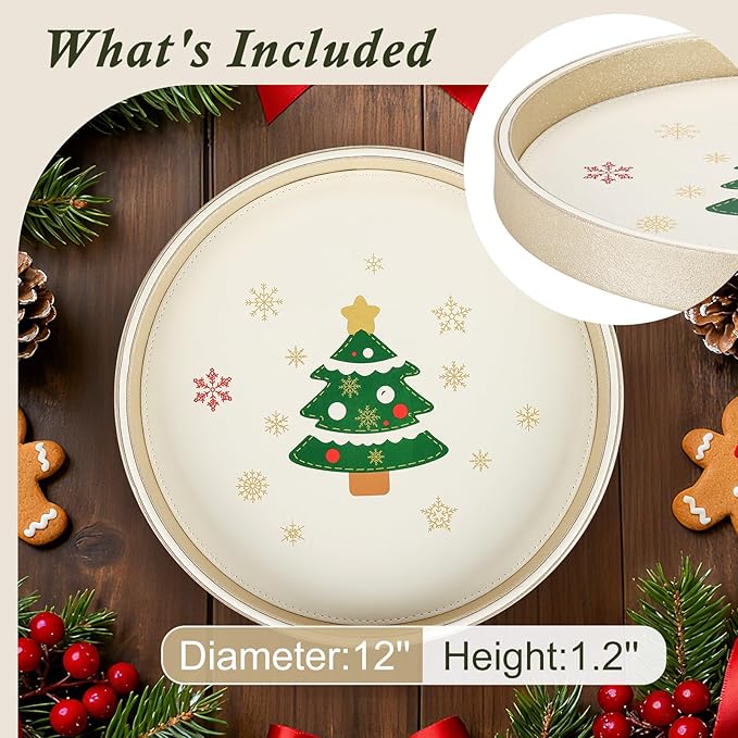 GORESE Christmas Decorative Tray for Coffee Table Decor, 12" Round Leather Christmas Tray for Home Decor, Dining Table Centerpiece, Xtmas Decorations Serving Trays, Gift for Women and Men(Tree)