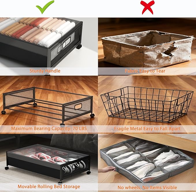 QUELIEN Under Bed Storage with Wheels – Large Rolling Underbed Storage Containers and Drawers, Shoe Organizer Box for Clothes, Toys, Blankets (Black, 1 Pack)