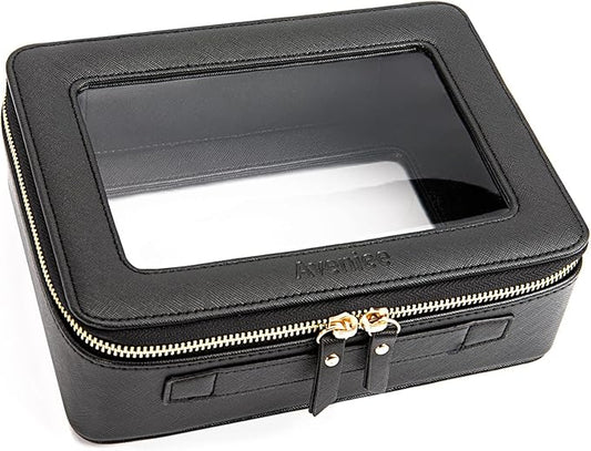 Aveniee Clear Makeup Bag Organizer, Portable Travel Toiletry Cosmetic Bag Case for Women, Heavy Duty Clear Pouch with zipper with Transparent Vinyl Windows & Gold Zippers (Black)