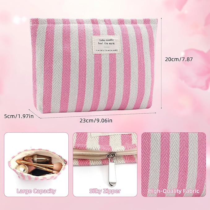ZLFSRQ Striped Makeup Bag Large Canvas Makeup Bag for Women Pink Cosmetic Pouch for Purse Cute Striped Pencil Pouch Y2k Aesthetic Trendy Zippered Travel Toiletry Bags Gift Skincare Storage Organizer
