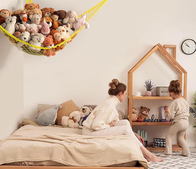 Stuffed Animal Storage Hammock Net Corner - Large Toy Hammock Net for Stuffed Animals Room Decor - Cute Stuff Animal Organizer Holder for Plush Plushie - Kids Baby Nursery Wall Bedroom Home Decor