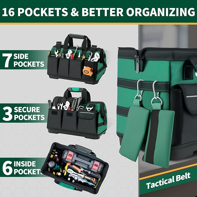 Tool Bag 16 Inch Heavy Duty, 18-Pocket Molded Bottom Toolbox Organizer, Portable Waterproof, Upgraded Handle Tool Bag with Adjustable Shoulder Strap for Mechanics, DIY, Dad Birthday Gift