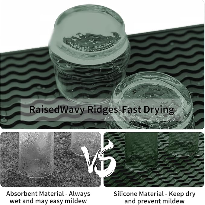 ZLR Silicone Dish Drying Mat for Kitchen Counter, Eco-Friendly Fast Dry Dish Mat, Easy Clean Multi Usage Drying Matt, Heat Resistant Trivet, 12" x 12" Middle, Dark Green