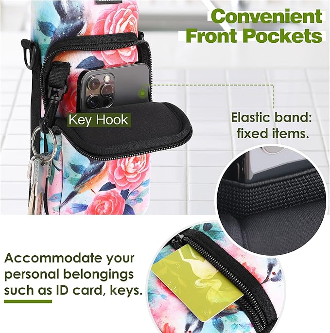 Nuovoware Water Bottle Carrier Bag,25oz/40oz/64oz Bottle Pouch Holder,Adjustable Shoulder Hand Strap 2 Pocket Sling Neoprene Sleeve Sports Accessories for Hiking Travelling Camping