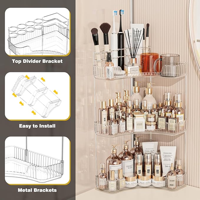 3-Tier Corner Bathroom Counter Organizer with Top Toothbrush Holders,Large Makeup Organizer Countertop with Brush Holder,Skincare Organizers Corner,Exquisite Vanity Organizer (Clear, 3 Tier)