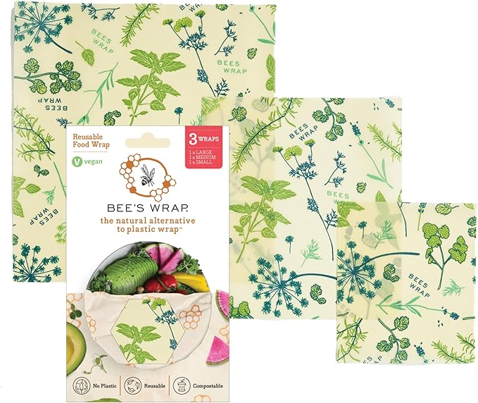 Bee's Wrap Vegan Beeswax Wraps for Food - Made in USA Reusable & Organic Food Wraps, Sandwich Wrap & Bowl Covers - Eco Alternative to Aluminum Foil & Plastic Wrap, Vegan Herb Garden 3 Pack (S, M, L)