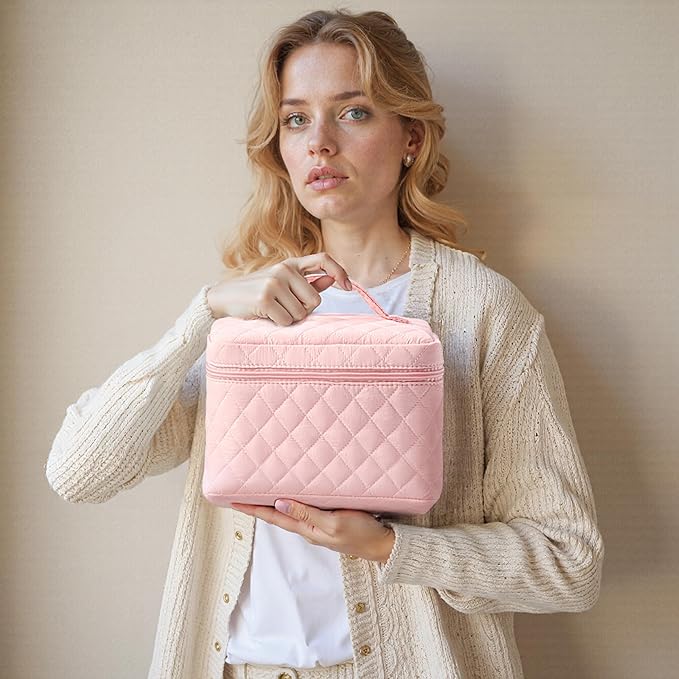 HBselect Quilted Makeup Bag, 3PCS Cotton Large Travel Makeup Bag, Cute Floral Coquette Make up Bag Cosmetic Bag Toiletry Bag for Women Girls