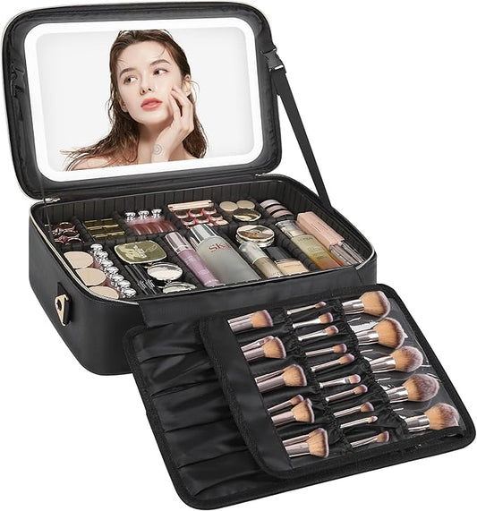 Relavel Large Makeup Case With LED Mirror, 16.2" Cosmetic Vanity Case with 3 Lighting Modes and Adjustable Brightness, Professional Travel Makeup Organizer for Makeup Artist with Strap, Black