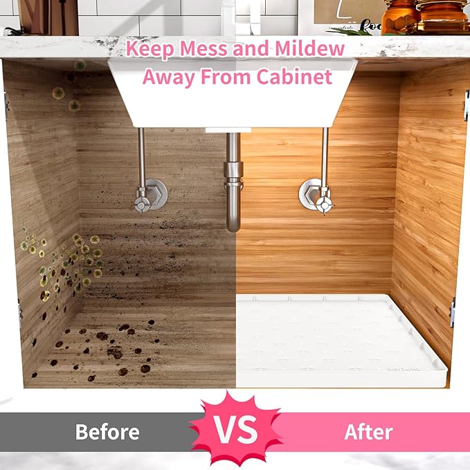 Sdpeia Under Sink Mat 34"×22" Waterproof Silicone Cabinet Liner & Sink Protector for Kitchen & Bathroom, Multi-Purpose Organizers Tray for Pets, Laundry, Cat Litter Mat, White