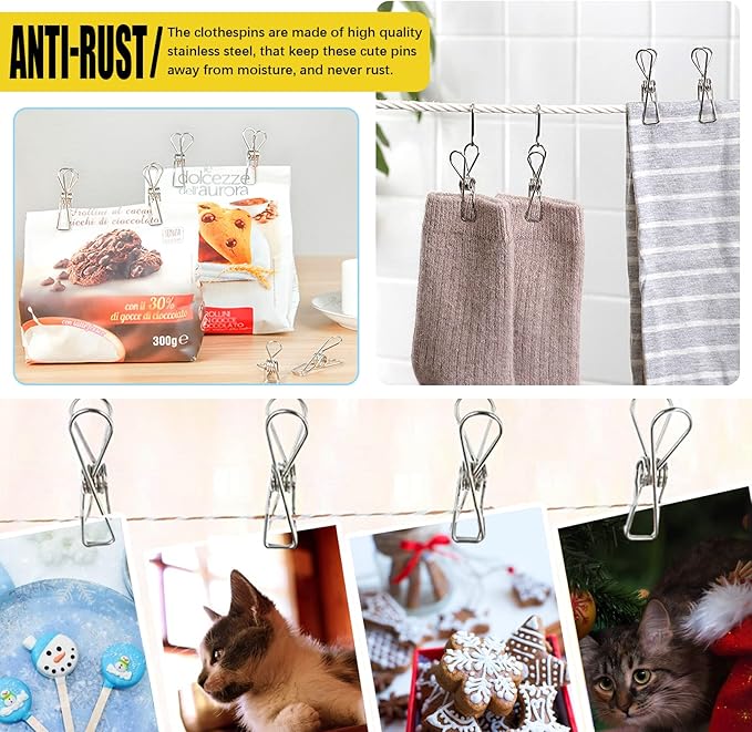 145 Pcs Multi-Purpose Stainless Steel Clothes Pins with Spring Lanyard Hook, 4/6/8 CM Windproof Metal Wire Utility Clips Clothespin, Bag Clips, Heavy Duty Tightly Seals Chip for Home Office