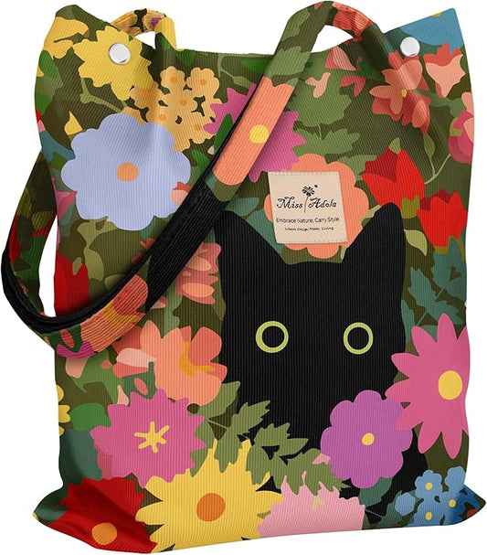 Miss Adola Corduroy Tote Bag for Women - Reusable Totes with Pocket & Buckle Cute Aesthetic Shoulder Bag for Work Travel