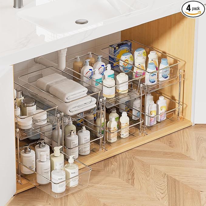 Vtopmart 4 Pack Bathroom Organizer, 2 Tier Clear Under Sink Organizers Vanity Countertop Storage Container, Cabinet Drawers Bins, Pull-Out Organization with Track for Pantry, Kitchen