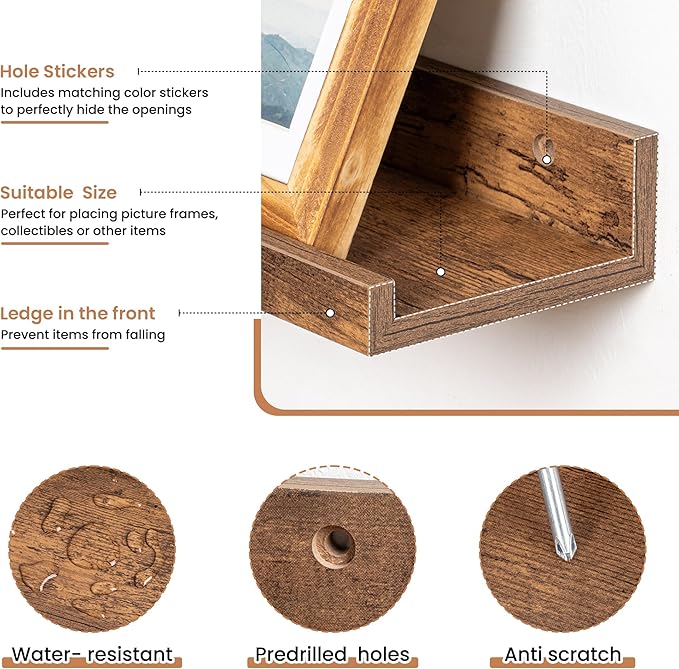Fun Memories Picture Ledge Shelves Set of 2, 55 Inch Rustic Wall Mounted Floating Shelves with Lip for Home Storage and Decor in Bathroom, Kitchen, Nursery, Bedroom, Living Room, Brown